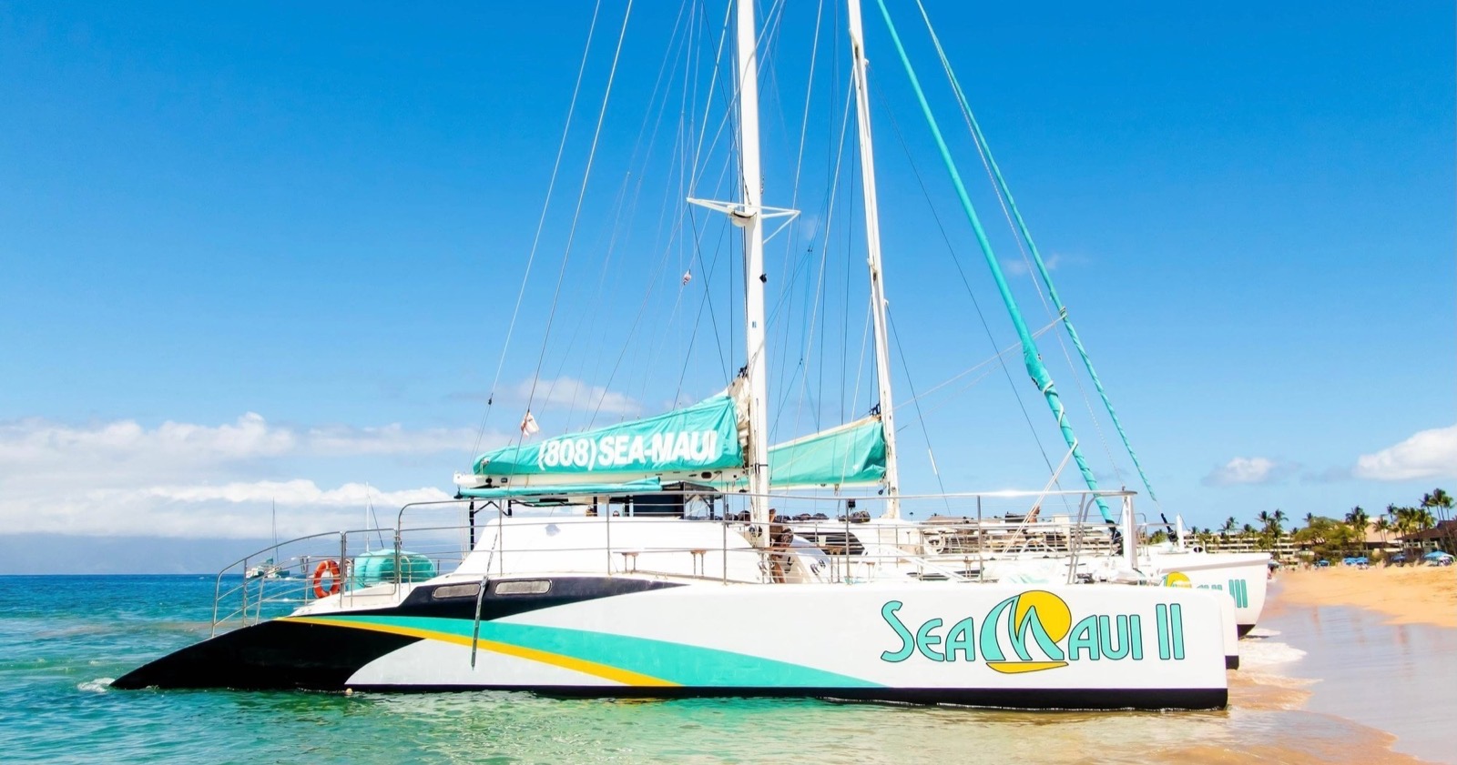 The Sea Maui II catamaran beached at the water's edge on Kaanapali Beach under a blue sky