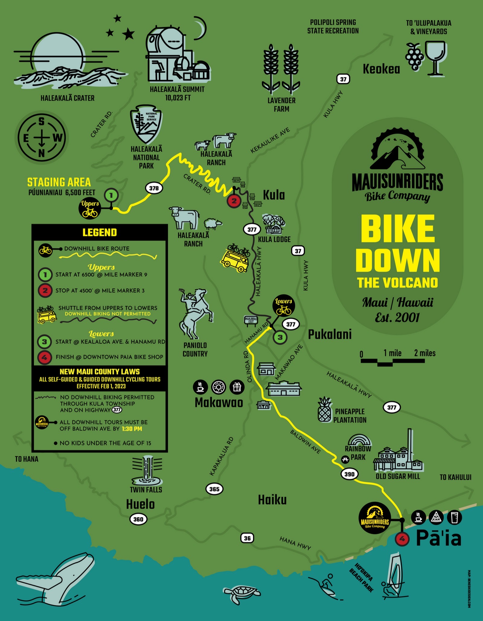 Illustrated route map of the downhill ride showing the staging area at 6,500 feet, the Kula van shuttle, Makawao and the finish in Paia