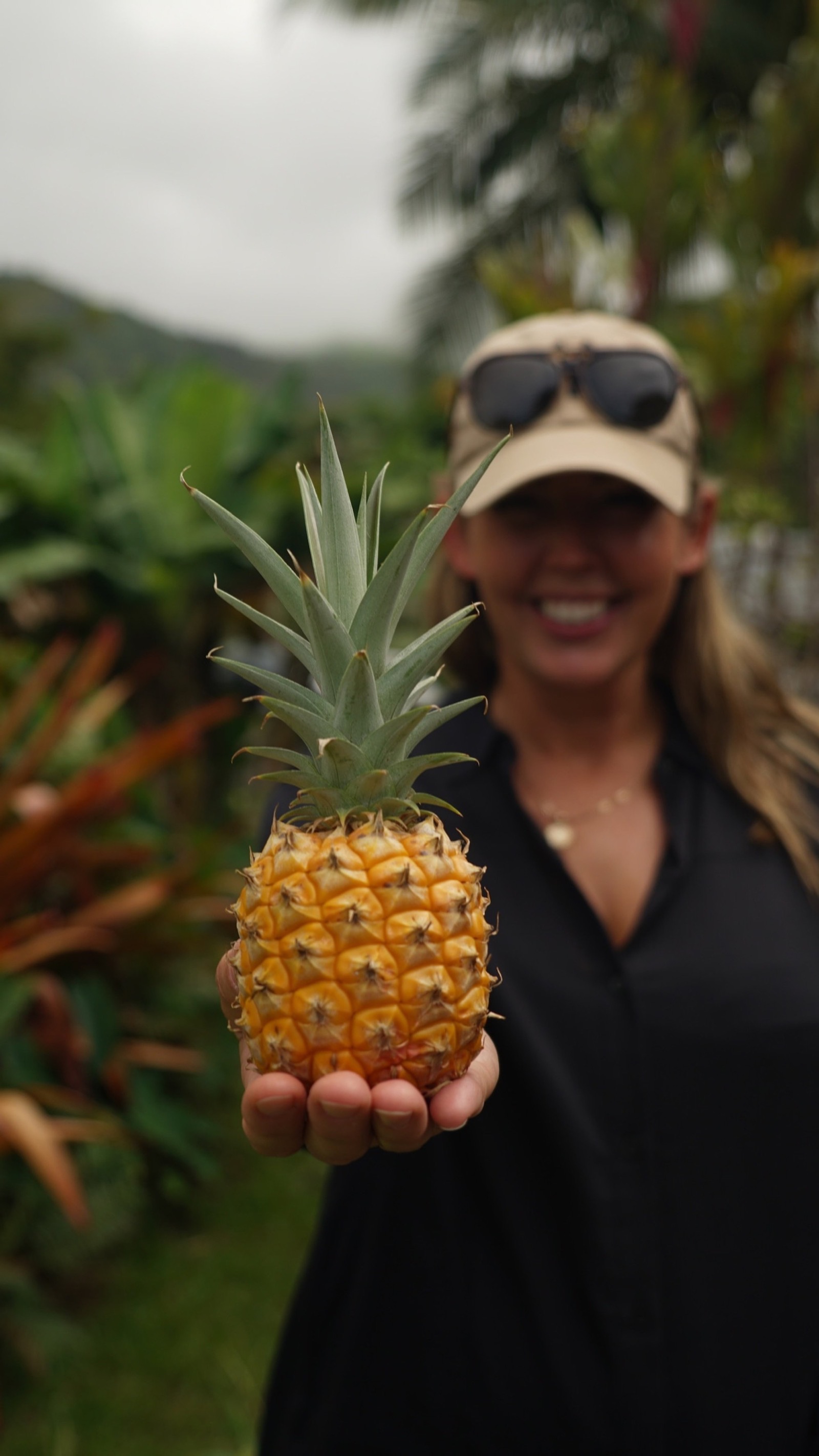 A smiling woman in a tan cap holds out a small fresh pineapple with tropical foliage blurred behind her